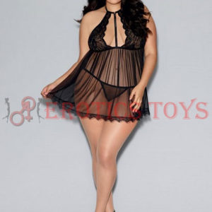 Código: 601 Galloon Lace & Mesh Babydoll w/High Neckline & G-String Black QN