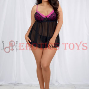 Código: 642 Stretch Mesh & Lace Babydoll w/Underwire Push-up Cups & Adjustable Straps Black 1X-2X-3X