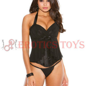 Código: 1416 Padded Corset Top w/Mesh Pleated Flirty Skirt Design & G-String Black. Size: 32-34.