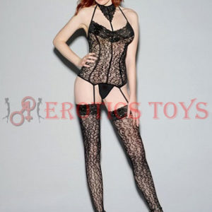 Código: 1418 Lace Bustier Bodystocking w/Corset Styled Bodice Lines & Attached Thigh Highs Black. Size: O/S.
