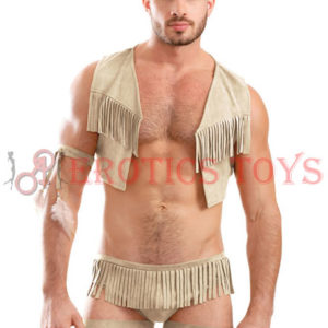 Código: 1797 Men's Play On the Hunty Fringe Vest, Arm Band & Caged Underwear Beige SM-MD-LG