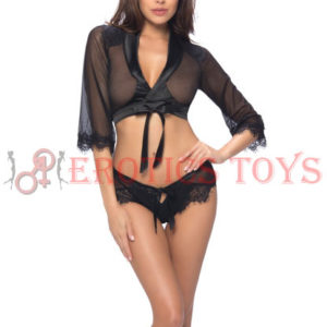 Código: 2952 Cropped Wrap Robe & Lap Short w/Satin Ties & Lace Detail Black S/M